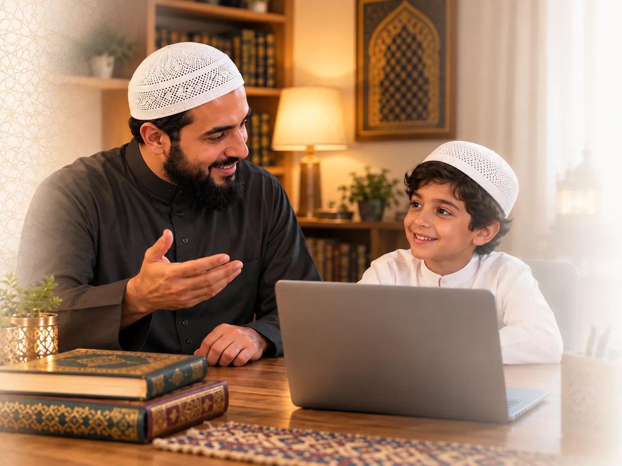 معلم قرآن يشرح الدرس لطالب صغير عبر الحاسوب